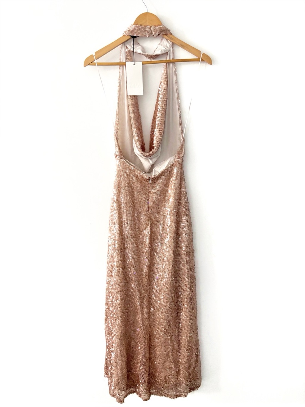 Zara Sequin Mesh Halter Neck Maxi Dress NWT Rose Gold Champagne Size Small - Picture 7 of 10